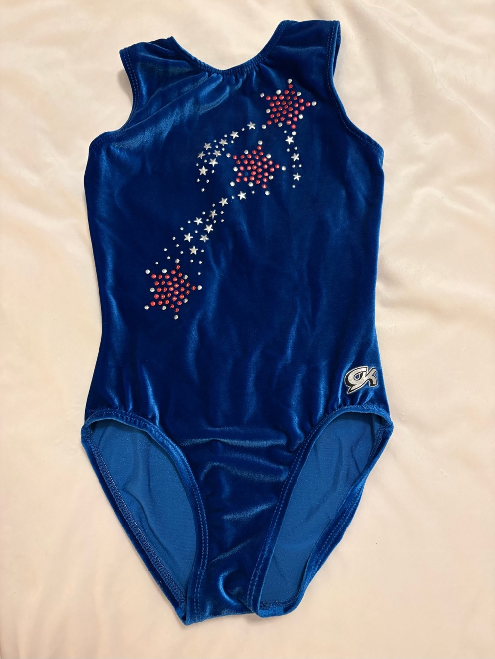 GK Elite Girls Large Royal Blue Velvet Gymnastics Leotard Rhinestone Stars